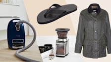 Clockwise from left: the Miele Marin Complete vacuum, a Classic Rubber Rainbow Sandal, Barbour coat, and the Cuisinart Burr Grinder.