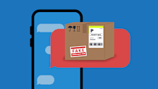 A graphic of a smartphone with a chat bubble containing a package labeled "FAKE"