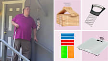A man with vision loss using a white cane and brushing up against a wind chime on the steps of a house. Also shown are wooden hangers, a safe chopping guide, a talking scale, and multicolored bump dots.
