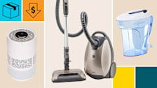 Blueair InvisibleMist, Kenmore Elite Pet Friendly UltraPlush 81714, and Culligan Zero Water ZD-012-RP Water filter pitcher with a cyan block with a package icon, and an orange block with a dollar sign in a down arrow