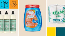Mrs. Meyer's Clean Day Dish Soap (Basil Scent), Persil Ultra Pacs Advanced Clean Oxi+Odor Power, and Amazon's Presto! Flex-a-Size Paper Towels with a package icon, and an orange block with a dollar sign in a down arrow