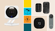 Wyze Cam V4, ecobee Smart Thermostat Enhanced EB-STATE6L-01, Yale Assure Lock 2 YRD450-WF1-BSP, and Google Nest Video Doorbell (Battery) with a cyan block with a package icon, and an orange block with a dollar sign in a down arrow