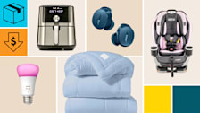 Philips Hue White and Color Ambiance Smart Bulbs, Instant Vortex Plus 140-3079-01, Bose QuietComfort Earbuds, and Graco Extend2Fit 3-in-1 Car Seat, Buffy Cloud Comforter with a cyan  block with a package icon, and an orange block with a dollar sign in a down arrow