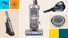 iRobot Roomba i3+ EVO Robotic Vacuum, Black+Decker BDH2000L and Shark Ion W1 WV201 Handheld Vacuums, Shark Vertex DuoClean AZ2002 Upright Vacuum with a cyan block with a package icon, and an orange block with a dollar sign in a down arrow