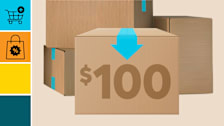 collage with box with $100 written on side, with a cyan block with a shopping cart icon, and an orange block with sale shopping bag icon