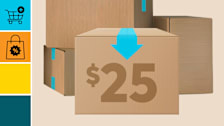 collage with group of boxes with one box with $25 written on side, with a cyan block with a shopping cart icon, and an orange block with sale shopping bag icon