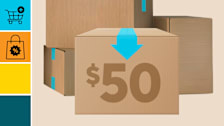 collage with group of boxes with one box with $50 written on side, with a cyan block with a shopping cart icon, and an orange block with sale shopping bag icon