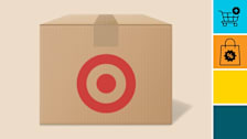 collage with box with Target logo, with a cyan block with a shopping cart icon, and an orange block with sale shopping bag icon