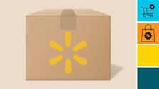 collage with box with Walmart logo, with a cyan block with a shopping cart icon, and an orange block with sale shopping bag icon