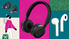Collage of headphones, earbuds, and a winter shopper with a gift bag.