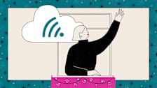 A person reaching their hand up with a Wi-Fi symbol in a cloud shape.