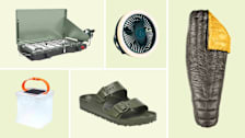 Coleman camping stove, LuminAID lantern, Coughlan's camping fan, Birkenstock Arizona sandal, Enlightened Equipment Enigma sleeping bag