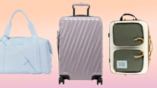 Beis weekender, Tumi carryon, and Topo Designs briefcase on orange and pink background