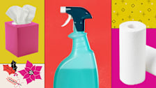 Collage of household items including tissues, a spray bottle, and paper towels with festive accents.