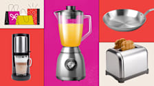 Collage of kitchen appliances including a blender, coffee maker, frying pan, and toaster, with colorful backgrounds and shopping bags in the corner.