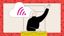 A person reaching their hand up with a Wi-Fi symbol in a cloud shape.