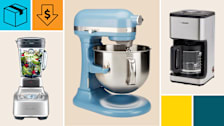 Breville Super Q BBL920BSS1BUS1 Blender, KitchenAid Bowl Lift KSM70, and Zojirushi Dome Brew Classic EC-EJC120 coffee maker with a cyan  block with a package icon, and an orange block with a dollar sign in a down arrow