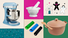 Shown: Clockwise: Crate and Barrel French Kitchen Marble Mortar and Pestle, Illustration of Gingerbread people and a house, Our Place Perfect Pot, Sinnsally Garlic Peeler, and KitchenAid Bowl Lift KSM70 Stand Mixers