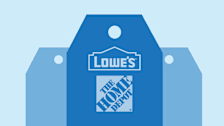 Blue tags with Lowes logo and Home Depot logo