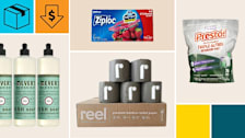 Ziploc Storage Quart Bags, Presto! Triple Action Dishwasher Pacs, Reel Bamboo Toilet Paper, and Mrs. Meyer's Clean Day Dish Soap with a cyan block with a package icon, and an orange block with a dollar sign in a down arrow