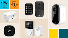 Arlo Essential (VMC3050-100NAS) Home Security camera, TP-Link Tapo D130 video doorbell, ecobee Smart Thermostat Enhanced EB-STATE6L-01, TP-Link Kasa Smart Wi-Fi Plug Slim EP25P4, and Yale Assure Lock 2 YRD450-WF1-BSP with a cyan block with a package icon, and an orange block with a dollar sign in a down arrow