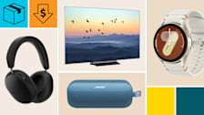 LG OLED65C5PUA TV, Samsung Galaxy Watch7 (40mm) LTE Smart watch, Bose Soundlink Flex (2nd gen) wireless speaker, and Sonos Ace headphones with a cyan block with a package icon, and an orange block with a dollar sign in a down arrow