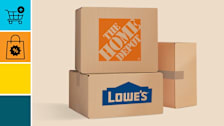 collage with box with Home Depot and Lowe's logo, with a cyan block with a shopping cart icon, and an orange block with sale shopping bag icon