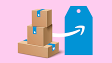 A cardboard package with a blue stripe and a star is shown next to a blue price tag, connected by Amazon's logo on a pink background