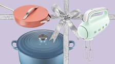 Clockwise from top left: Caraway Ceramic-Coated Non-Stick Pan, Smeg hand mixer, Le Creuset Dutch oven
