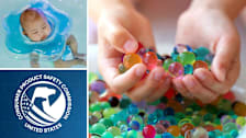 Baby in neck float, CPSC logo, and hands holding colorful water beads.