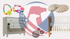 Children's colorful bracelets, nursing pillow, crib dresser, and button  batteries overlaid with the logo of the U.S. Consumer Product Safety Commission
