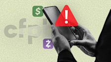 A photo illustration shows Hands holding a smartphone with a red warning icon, alongside the Cash App, Zelle, and CFPB logos.