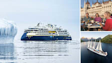 Clockwise from left: National Geographic Endurance cruise ship in the arctic, people dining on the deck of a Viking River Cruise in Budapest, a Windstar sailing yacht.
