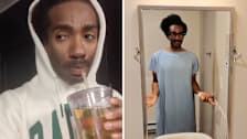 Brian Vines drinking liquid in preparation for his colonoscopy and in a hospital gown.