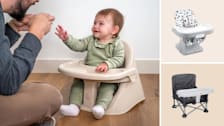 grid with baby in Boppy Proper Posture engaging with parent and Fisher-Price Space Saver High Chair and Bright Starts Pop 'N Sit Portable Booster on beige backgrounds