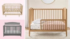 grid of three images with Kalon Caravan Crib and Delta Children Emery 4 in 1 Convertible Crib cribs on light pink backgrounds and Pottery Barn Kids Emerson Convertible Crib in nursery with sheets, pink blanket, and pillow