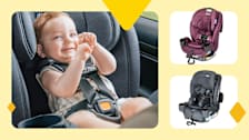 grid of three images with close up of baby in  Chicco One Fit Car Seat and Graco Trio Grow SnugLock and Joie Saffron car seats, yellow border with three graphic yellow diamonds