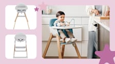 grid of three images with Stokke Clikk High Chair, Munchkin Float Easy Foldable, and baby in UppaBaby Ciro with parent chopping food on island, light purple background with three graphic purple stars