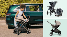grid with person removing car seat from Cybex Gazelle S Stroller System in front of green SUV, and Chicco Mini Bravo Plus and Nuna SWIV + Pipa Aire RX travel systems on light green backgrounds