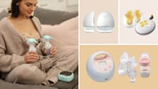 Clockwise from left: a woman sitting on a couch using the Zomee Z2 Double Electric Breast Pump, the Elvie Pump, the Medela Swing Maxi Hands-free Electric Breast Pump, and the Spectra S2 Plus Premier Double Electric Breast Pump.