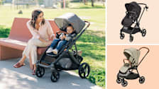 Clockwise from left: a mother sitting on a park bench looking at her child in a Uppababy Vista V3 stroller, a Cybex EOS stroller, and a Nuna Triv Next stroller.