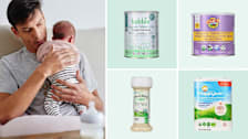 Clockwise from left: a father burping a newborn infant with a baby bottle in the foreground, Bobbie Organic Whole Milk formula, Earth's Best Organic Sensitivity formula, Happy Baby Organic Infant Formula, Similac Pure Bliss Organic Ready to Feed.