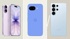 grid with Apple iPhone 17, Google Pixel 10a, and Samsung Galaxy S26 Ultra smartphones on beige backgrounds