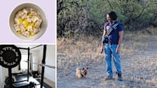 Clockwise from top left: a homemade meal of chicken, corn, and rice in a bowl; Nicholas out for a walk with his Yorkie, Brian, in Arizona; Nicholas' home gym with weightlifting power rack and punching bag.