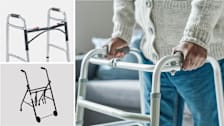 Clockwise from top left: Drive Medical Deluxe 2-Button Folding Walker, a senior person wearing a sweater with their hands on a walker, Pepe Mobility Walking Frame with Wheels
