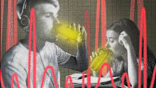 Teenage boy and girl sipping from cans of energy drinks with spiky red EKG lines surrounding them.