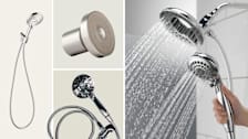 grid of Hansgrohe Raindance Select 3-Spray 04905820, Jolie Filtered, Hopopro 6 Functions Handheld Showerhead, and detail of person holding Delta Faucet 5-Spray In2ition 2in1