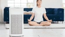 GIF of woman doing yoga behind an air purifier, person holding glass container with salad, person riding exercise bike while watching football, woman walking up stairs with carpet treads
