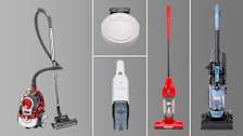 Atrix Vortex VR25BCV canister vacuum, Lefant M210 robotic vacuum, Dirt Devil Vibe SD20020 stick vacuum, Mainstays (Walmart) Bagless Upright Vacuum Cleaner, and Black+Decker Dustbuster HLVC315B10 handheld vacuum on grey background with white lines separating them