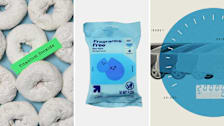 Three-panel collage showing powdered donuts labeled “Titanium Dioxide,” a package of Up&Up fragrance-free baby wipes, and a blue-tinted car with dashboard-style graphics.